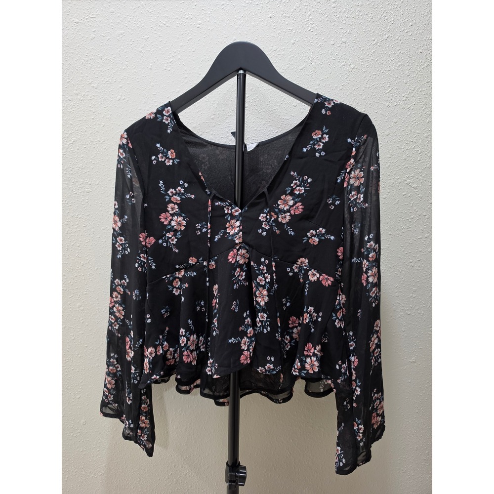 Womens Black Floral V-Neck Tie Front Long Bell Sleeve Peplum Blouse Top